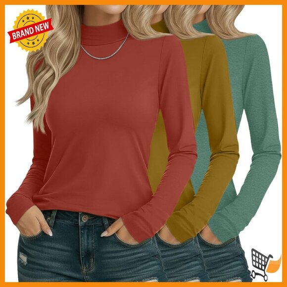 Tops - 3 Pack Cotton Mock Turtleneck Long Sleeve Tops Basic Tees Undershirt